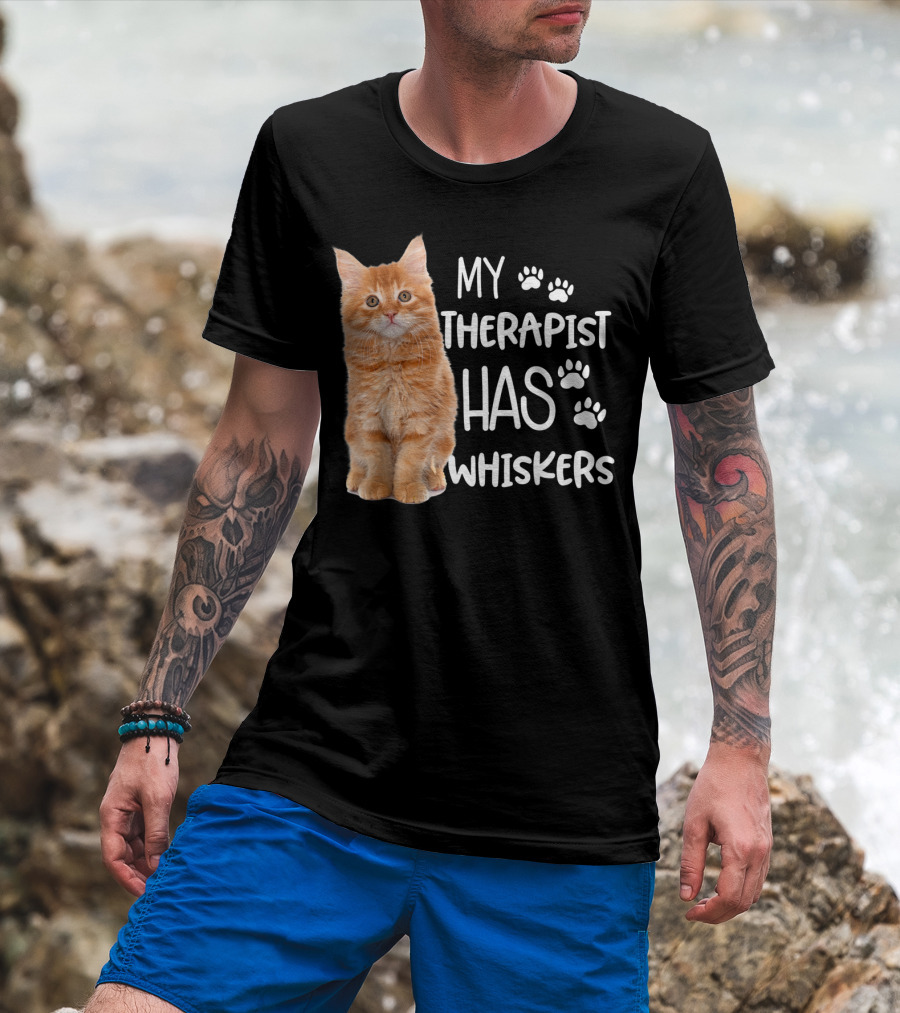 My Therapist Has Whiskers Funny Cat Lovers With Paw Prints And Orange Kitten T-Shirt