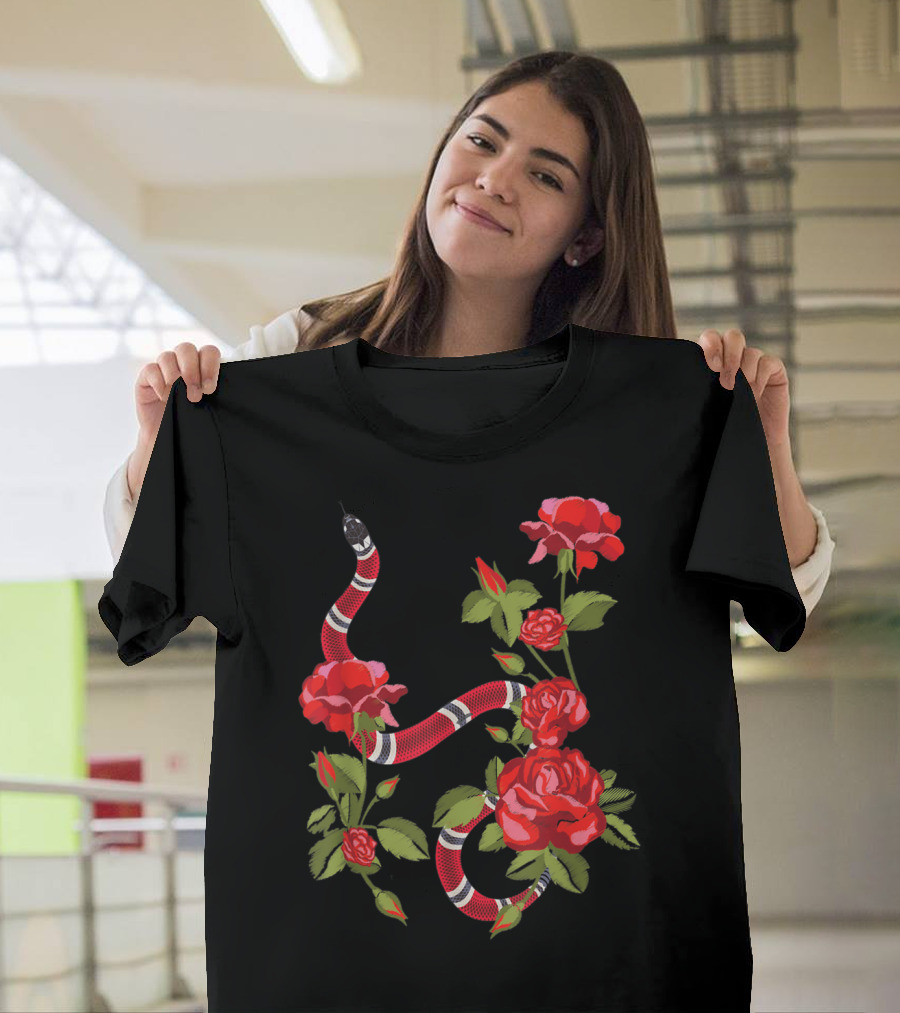 Royal Striped Snake and Flower Red Roses Botanical T-Shirt