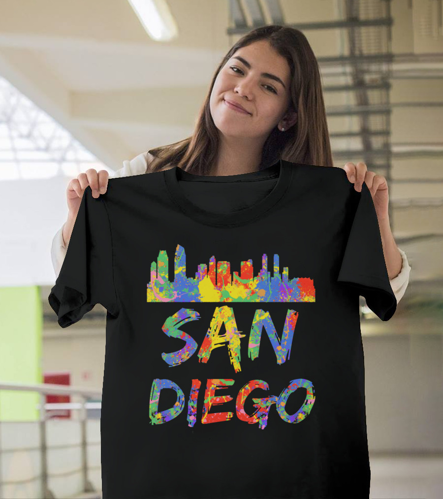 San Diego Rainbow Skyline Cali City Vibrant Text T-Shirt