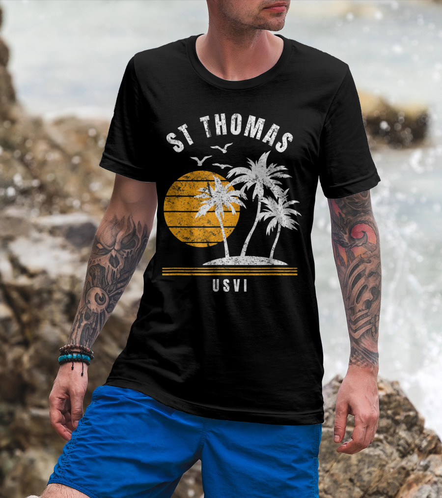 St Thomas USVI Caribbean Sunset With Palm Trees And Birds T-Shirt