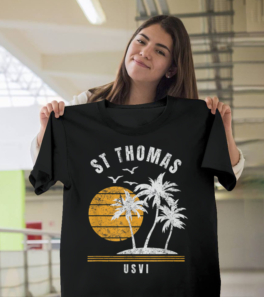 St Thomas USVI Caribbean Sunset with Palm Trees and Birds T-Shirt
