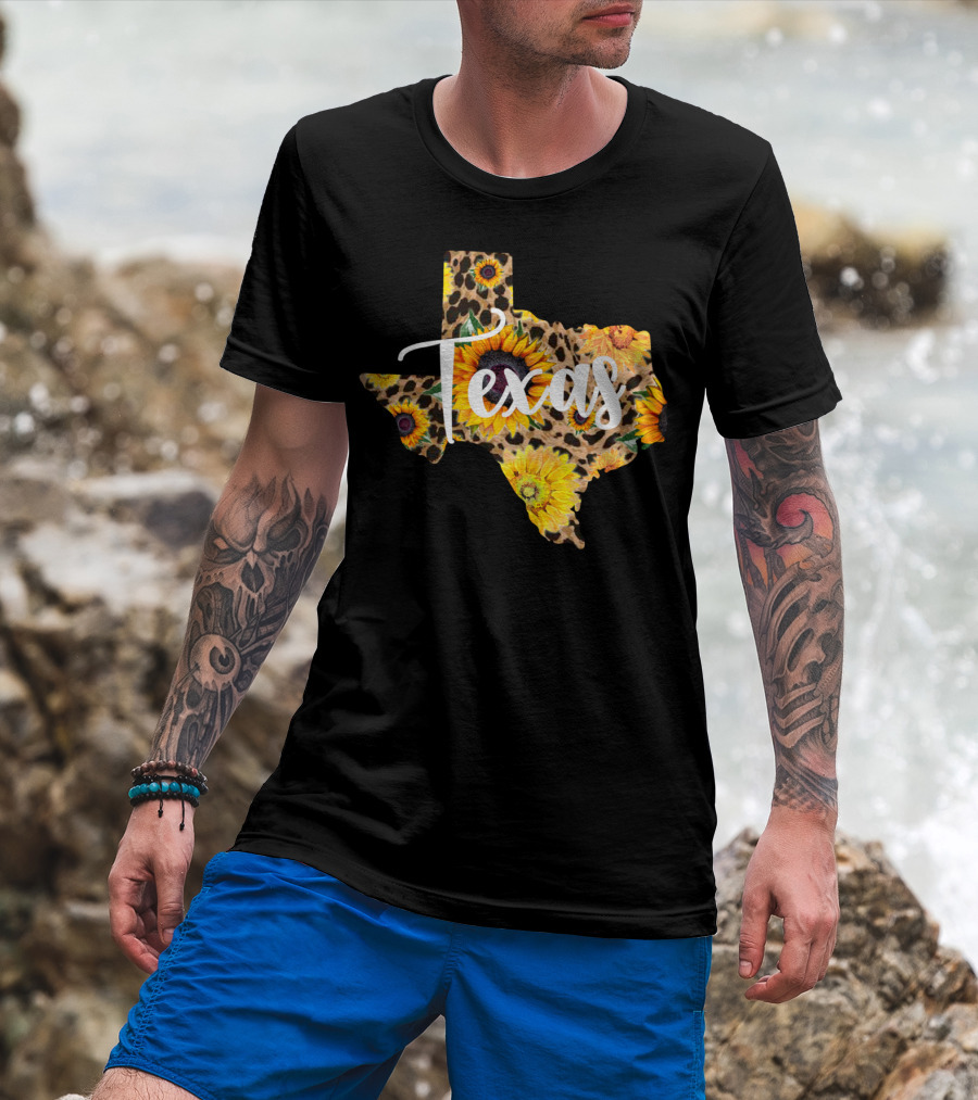 Texas Sunflower Leopard Print Wildflower State Map T-Shirt