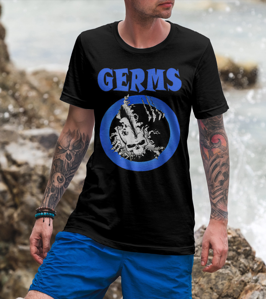 Germs Punk Rock Cool Skull Symbol With Blue Circle T-Shirt