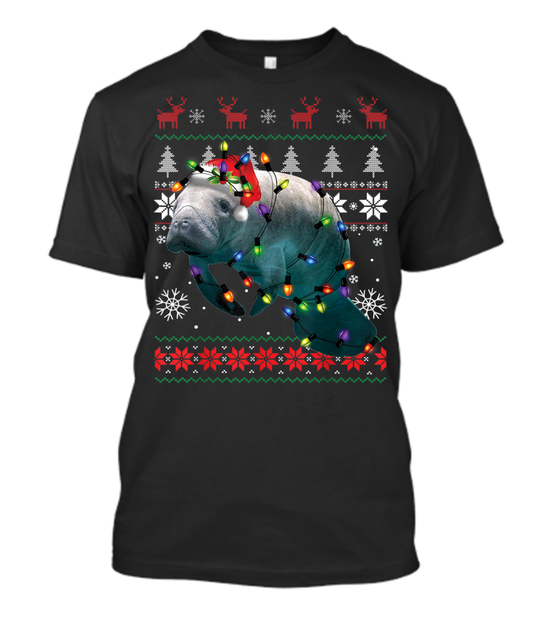 Ugly Christmas Manatee Santa Funny Mana Lover Holiday Lights T-Shirt