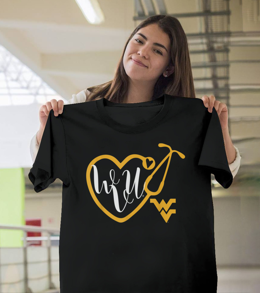 WVU West Virginia Mountaineers Nurse Heart Stethoscope T-Shirt