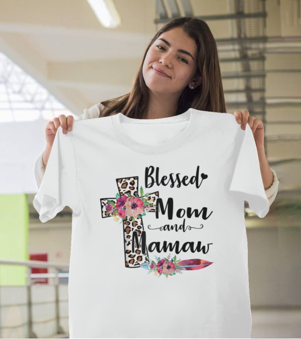 Blessed To Be Called Mom And Mamaw Floral Leopard Cross T-Shirt