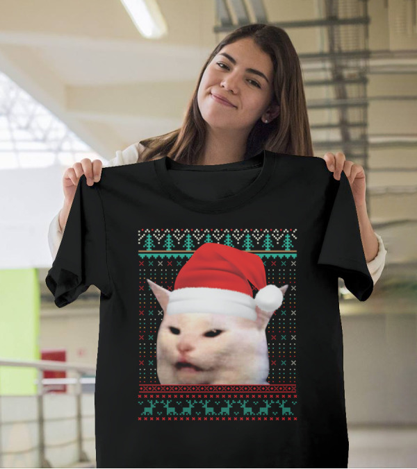 Cat Ugly Santa Hat Christmas Sweater Meme T-Shirt