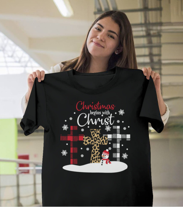 Christmas Begins With Christ Snowman And Patterned Crosses T-Shirt