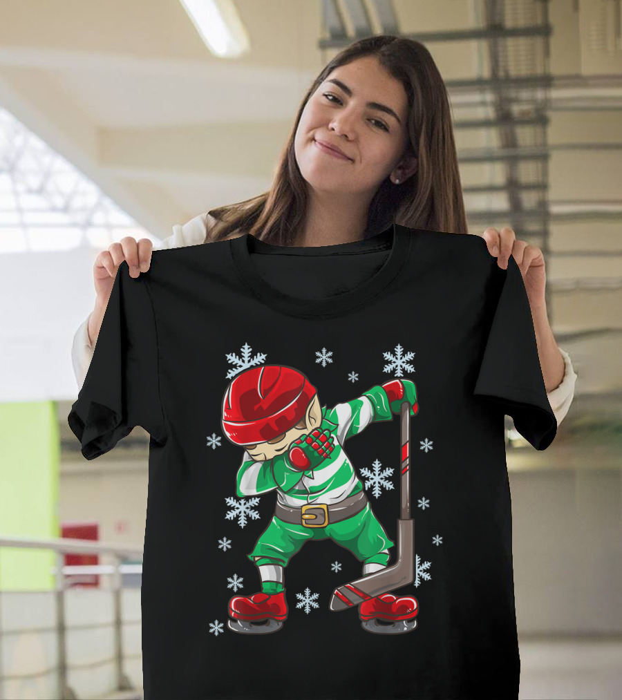 Christmas Elf Dabbing Ice Hockey Snowflake Squad T-Shirt