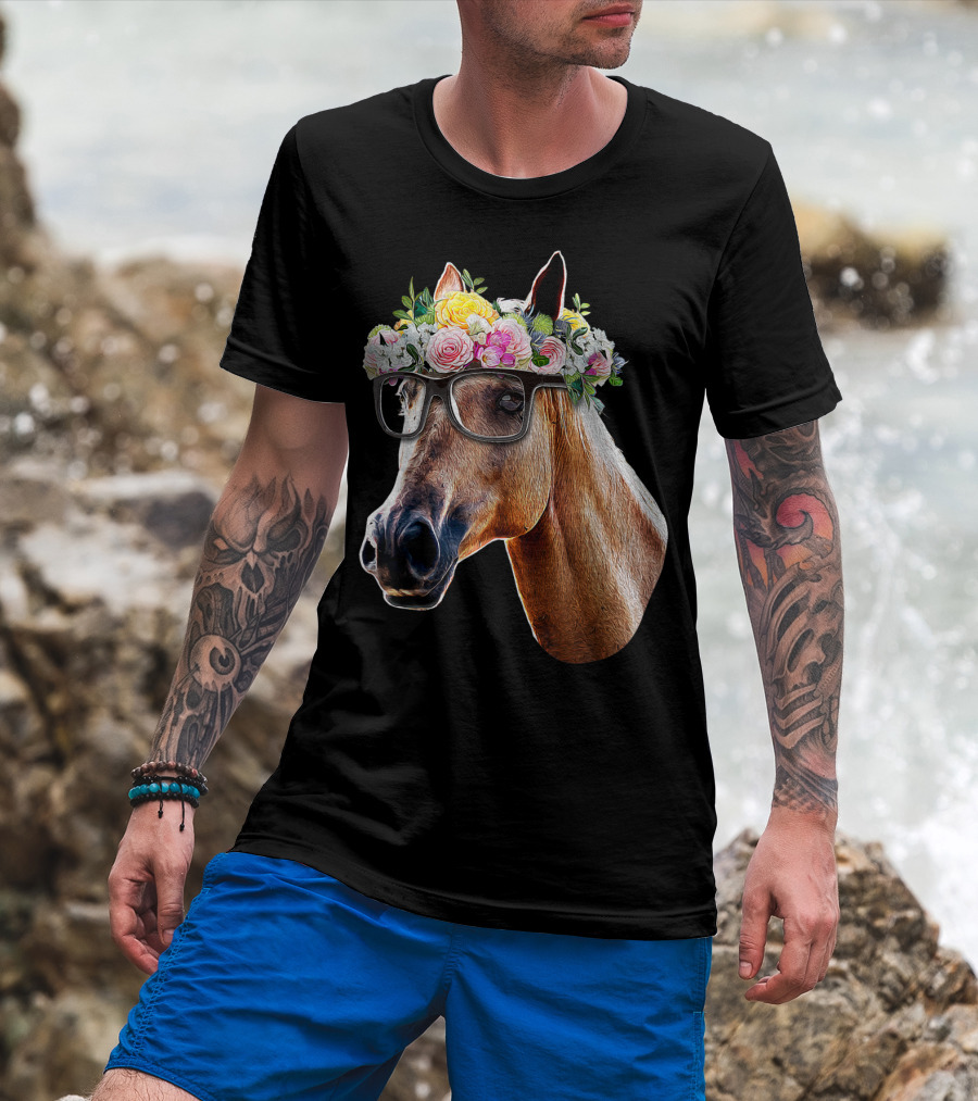 Floral Horse With Glasses Equestrian Farm Riding T-Shirt
