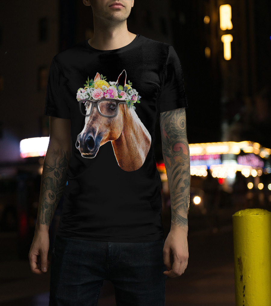 Floral Horse With Glasses Equestrian Farm Riding T-Shirt