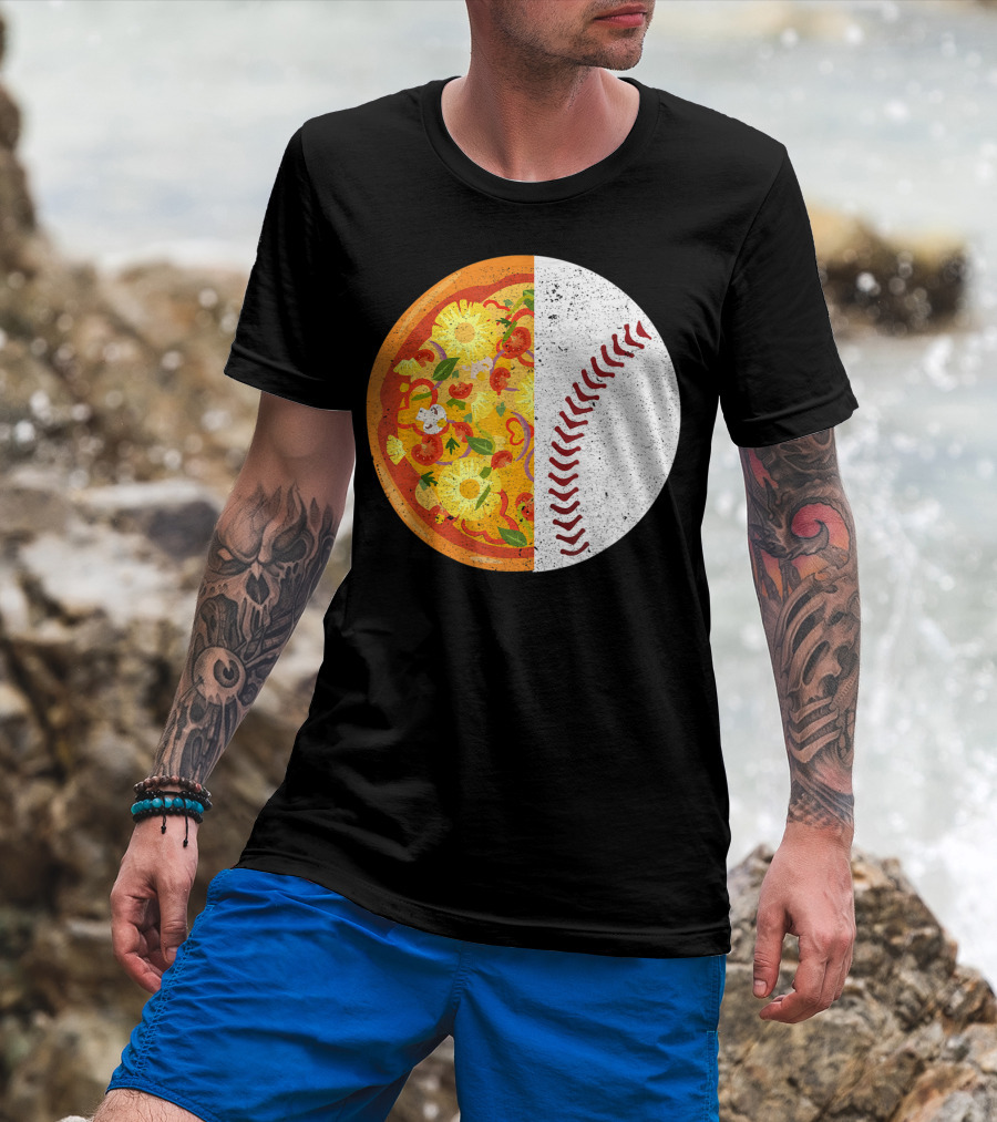 Funny Baseball Lover Eat Pizza Half Sport Pizza Baseball T-Shirt