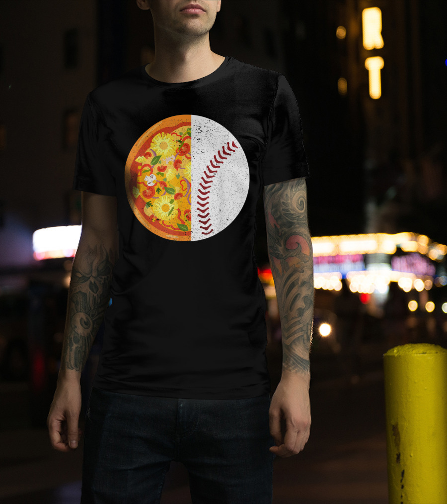 Funny Baseball Lover Eat Pizza Half Sport Pizza Baseball T-Shirt