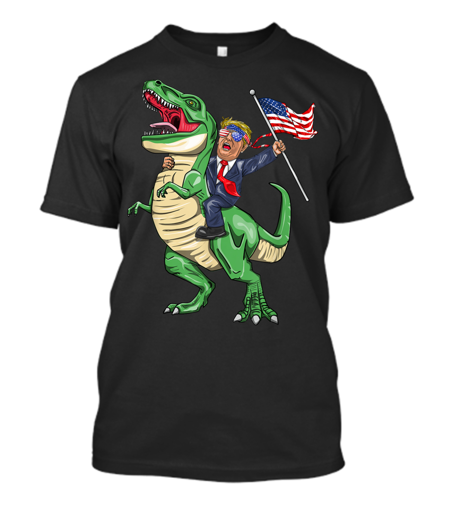 T Rex Dinosaur Riding With American Flag And Trump 무시하세요 T-Shirt