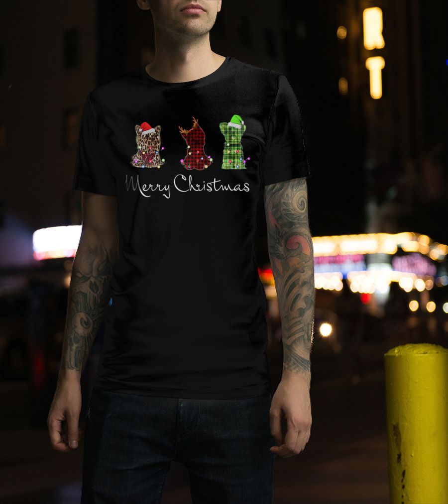 Merry Christmas Three Yorkshire Terriers Leopard Red Green Checkered T-Shirt