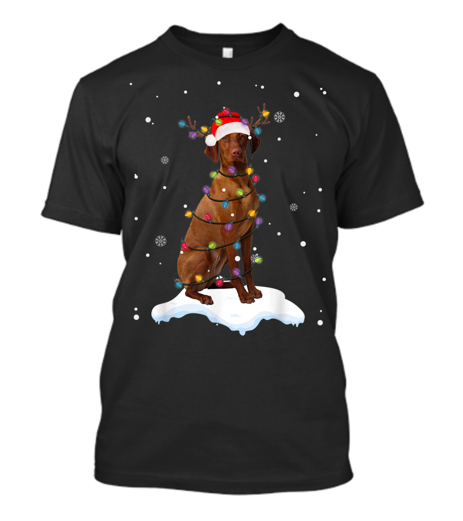 Vizsla Wrapped In Christmas Lights With Santa Hat And Antlers In Snow T-Shirt