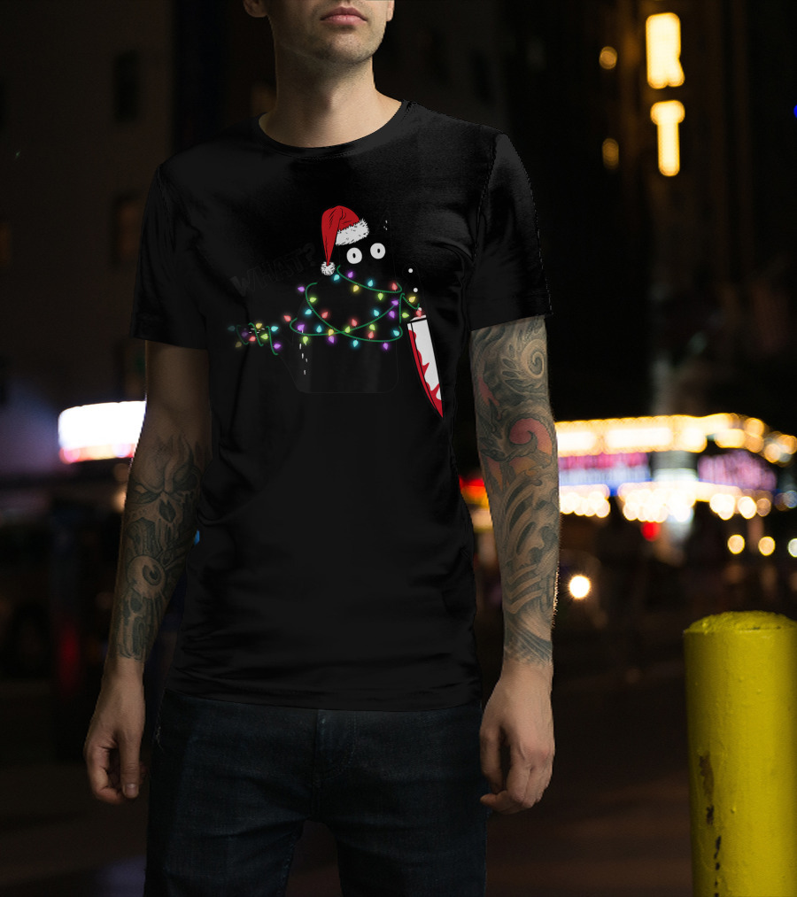 What Cat Wrapped In Xmas Lights Holding Knife Wearing Santa Hat T-Shirt