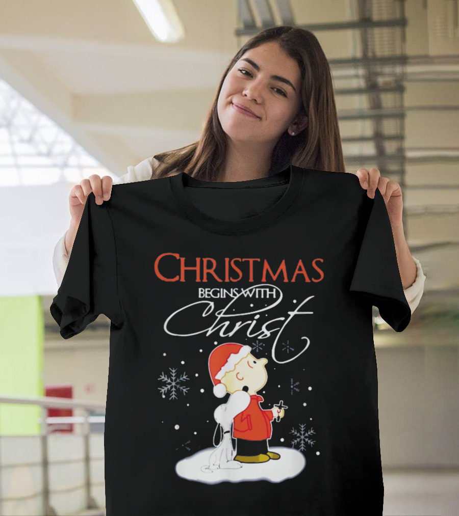 Christmas Begins With Christ Xmas Holiday Boy and Dog with Snowflakes T-Shirt