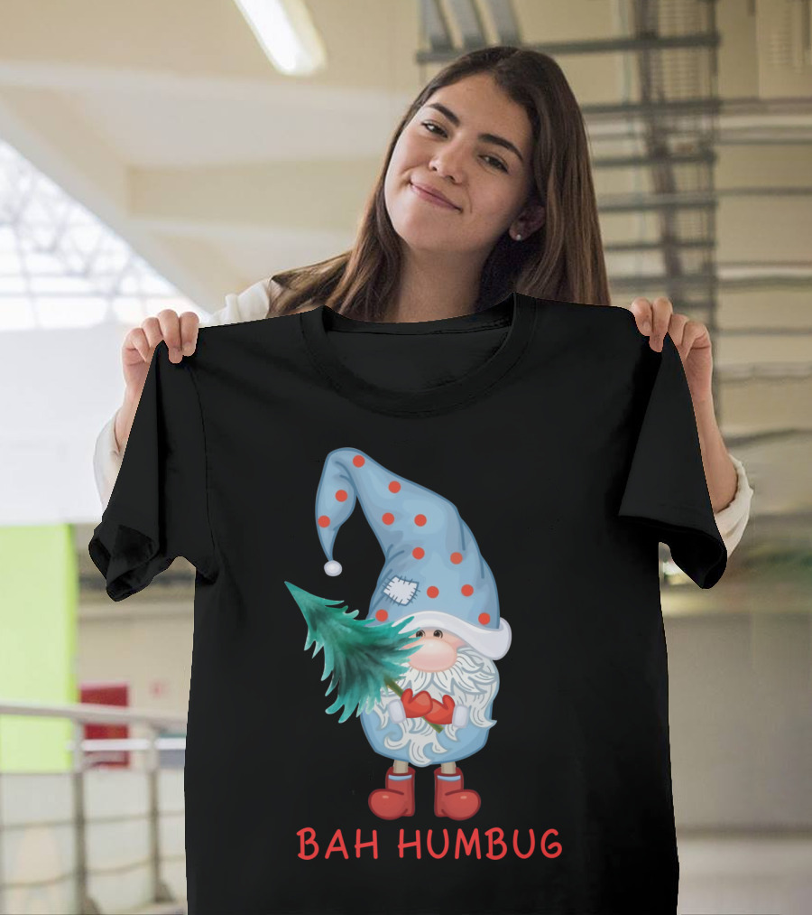 Bah Humbug Christmas Gnome with Festive Hat and Tree T-Shirt