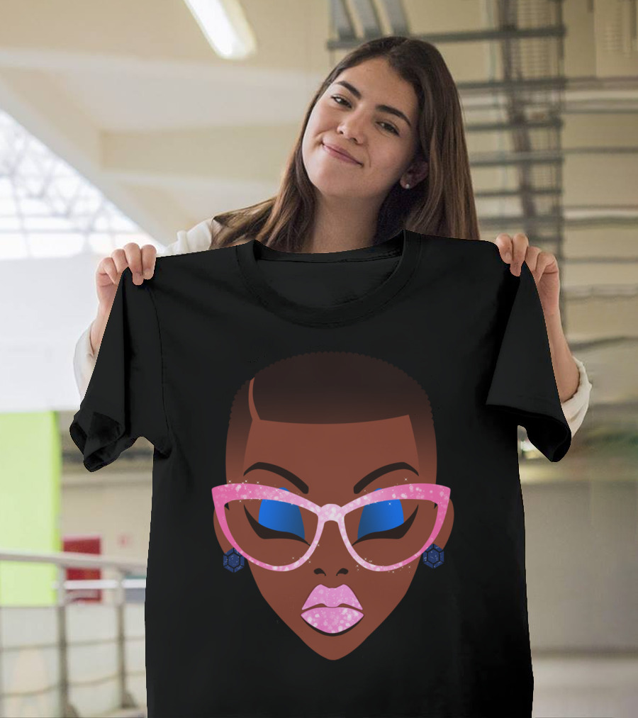 Beautiful Afro Black Girl With Natural Hair Pink Sparkle Glasses T-Shirt