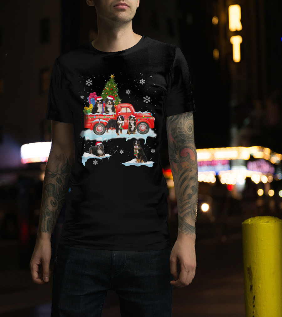 Bernese Mountain Dogs Christmas Red Truck Snowflakes T-Shirt