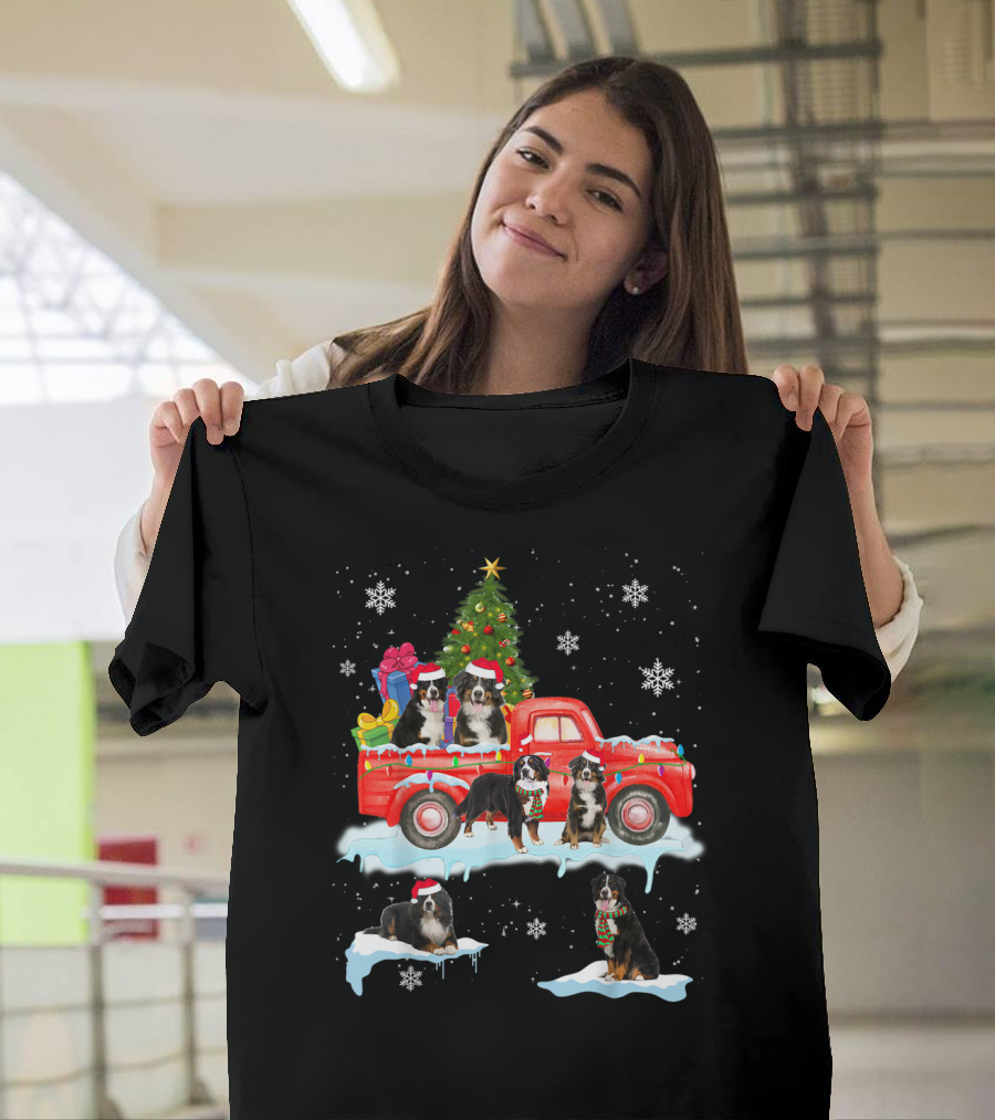 Bernese Mountain Dogs Christmas Red Truck Snowflakes T-Shirt
