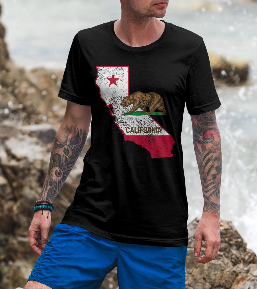 California Flag Bear And Star On State Outline T-Shirt
