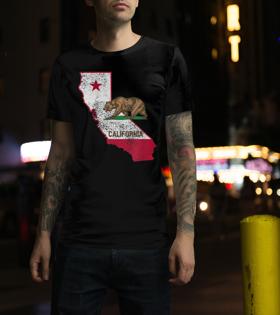 California Flag Bear And Star On State Outline T-Shirt
