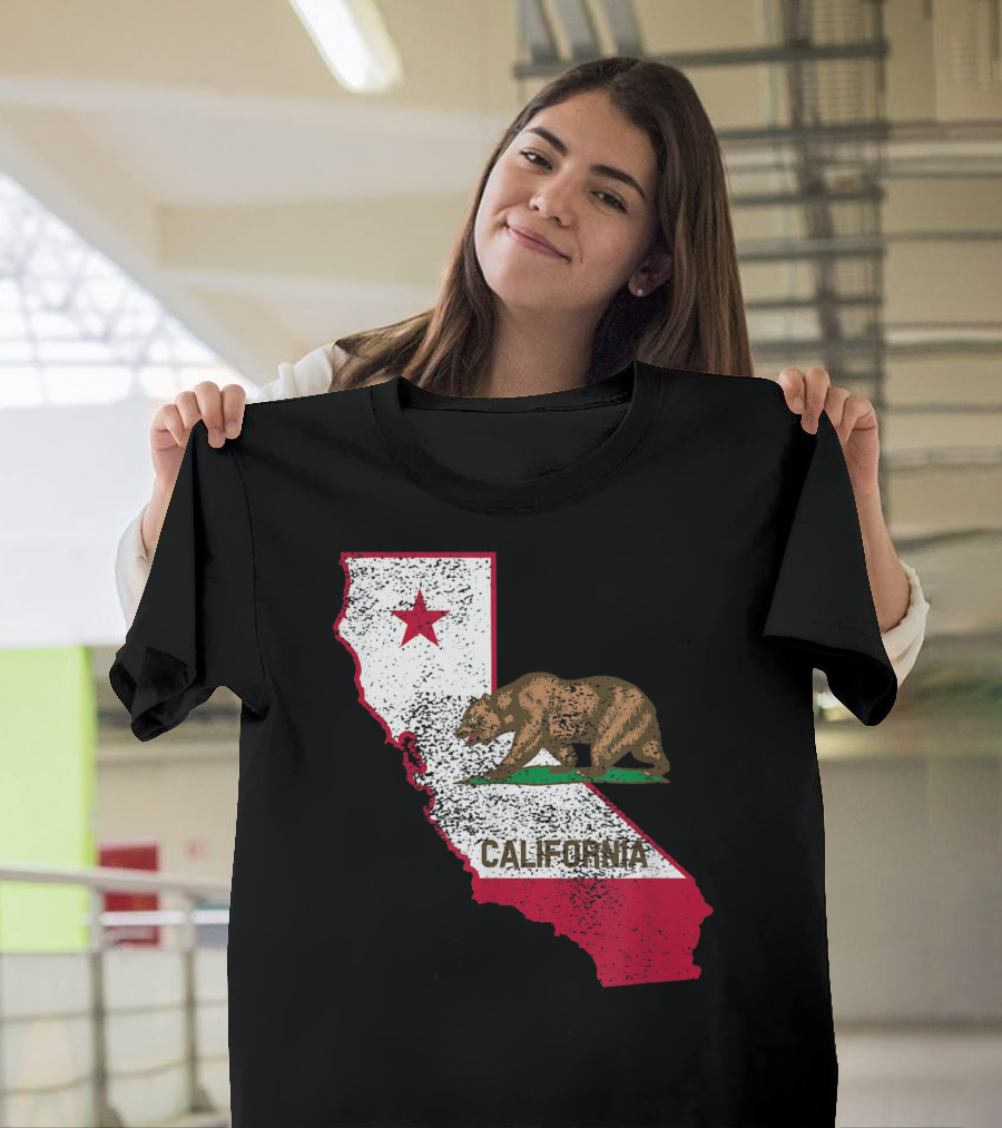 California Flag Bear And Star On State Outline T-Shirt