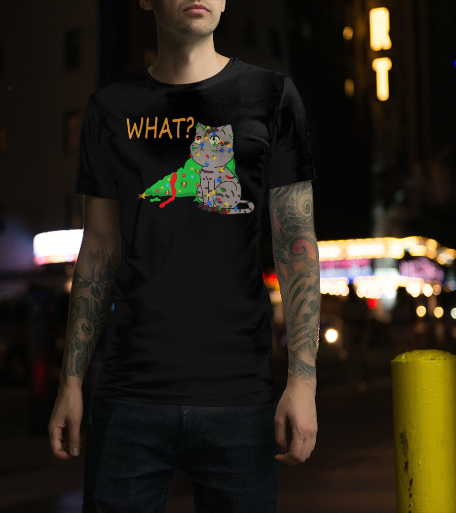 WHAT Funny Black Cat Christmas Tree T-Shirt