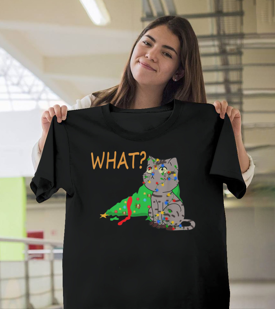 WHAT Funny Black Cat Christmas Tree T-Shirt