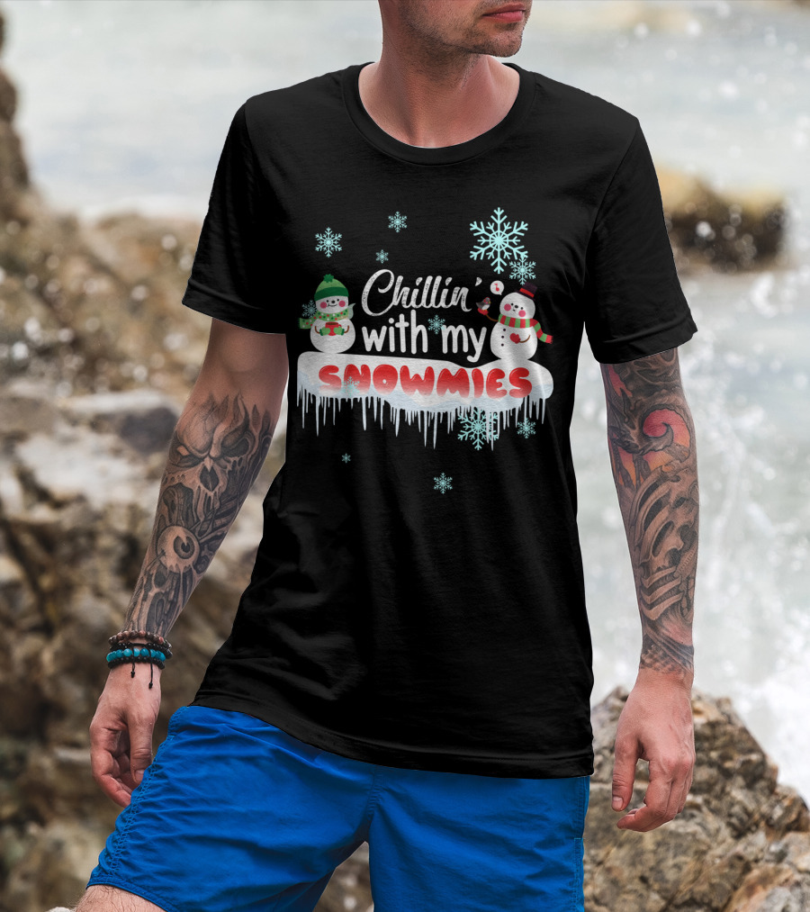 Chillin' With My Snowmies Cute Snowman Smoking Pipe And Snowflakes T-Shirt