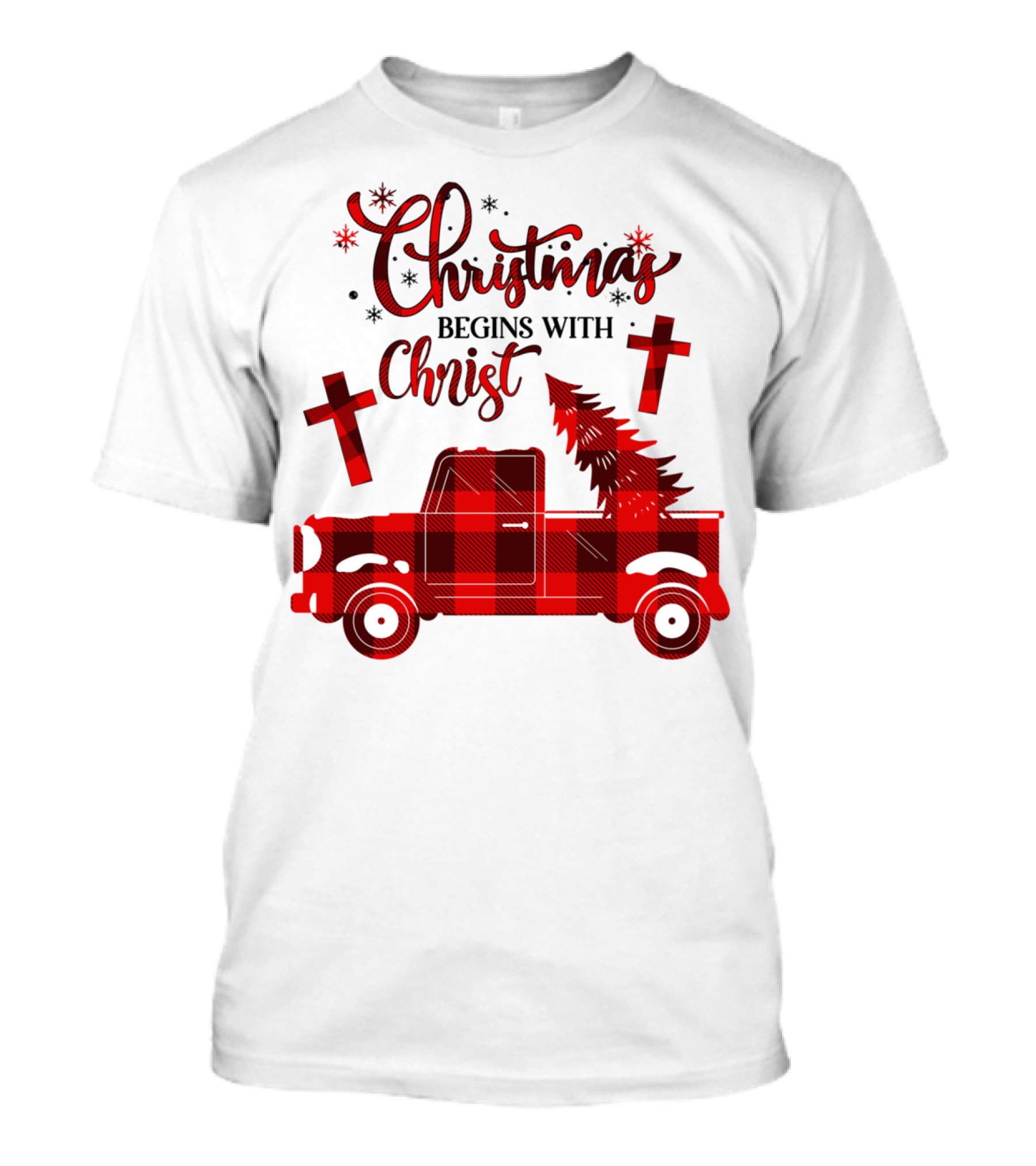 Christmas Begins With Christ Buffalo Plaid Red Truck With Tree And Crosses T-Shirt