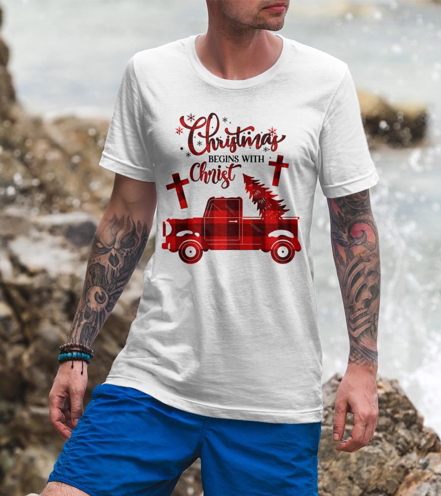 Christmas Begins With Christ Buffalo Plaid Red Truck With Tree And Crosses T-Shirt