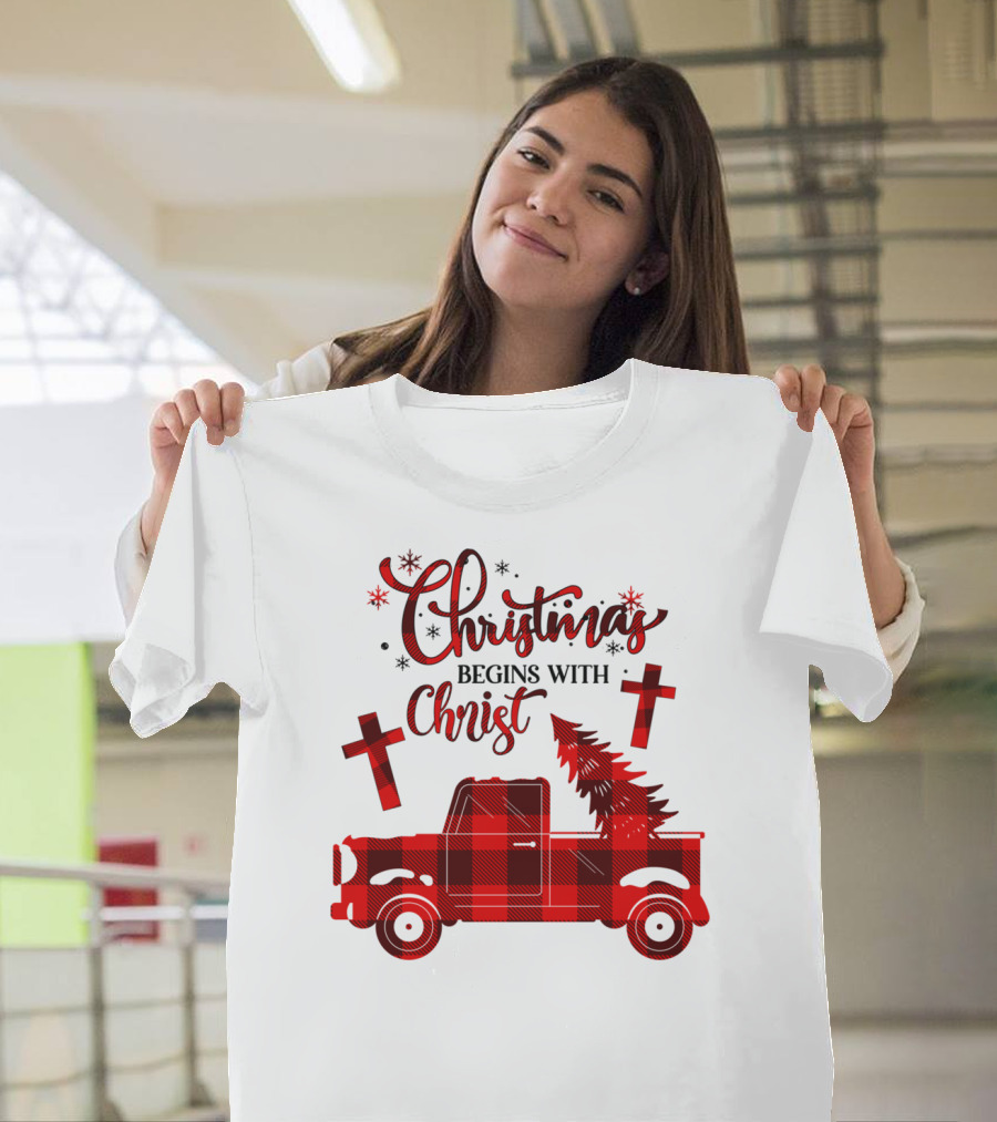 Christmas Begins With Christ Buffalo Plaid Red Truck With Tree And Crosses T-Shirt