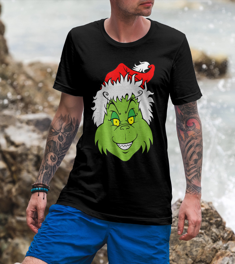 Grinch Christmas Face Santa Hat Smile T-Shirt
