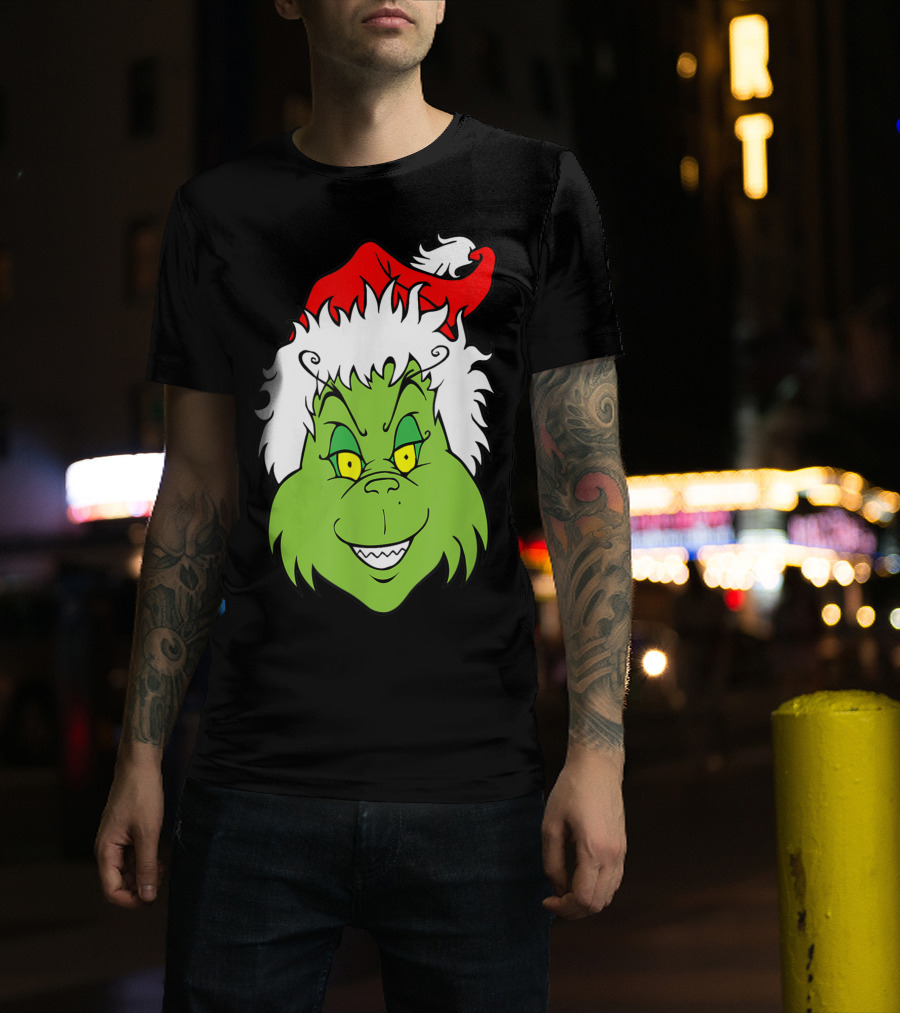 Grinch Christmas Face Santa Hat Smile T-Shirt