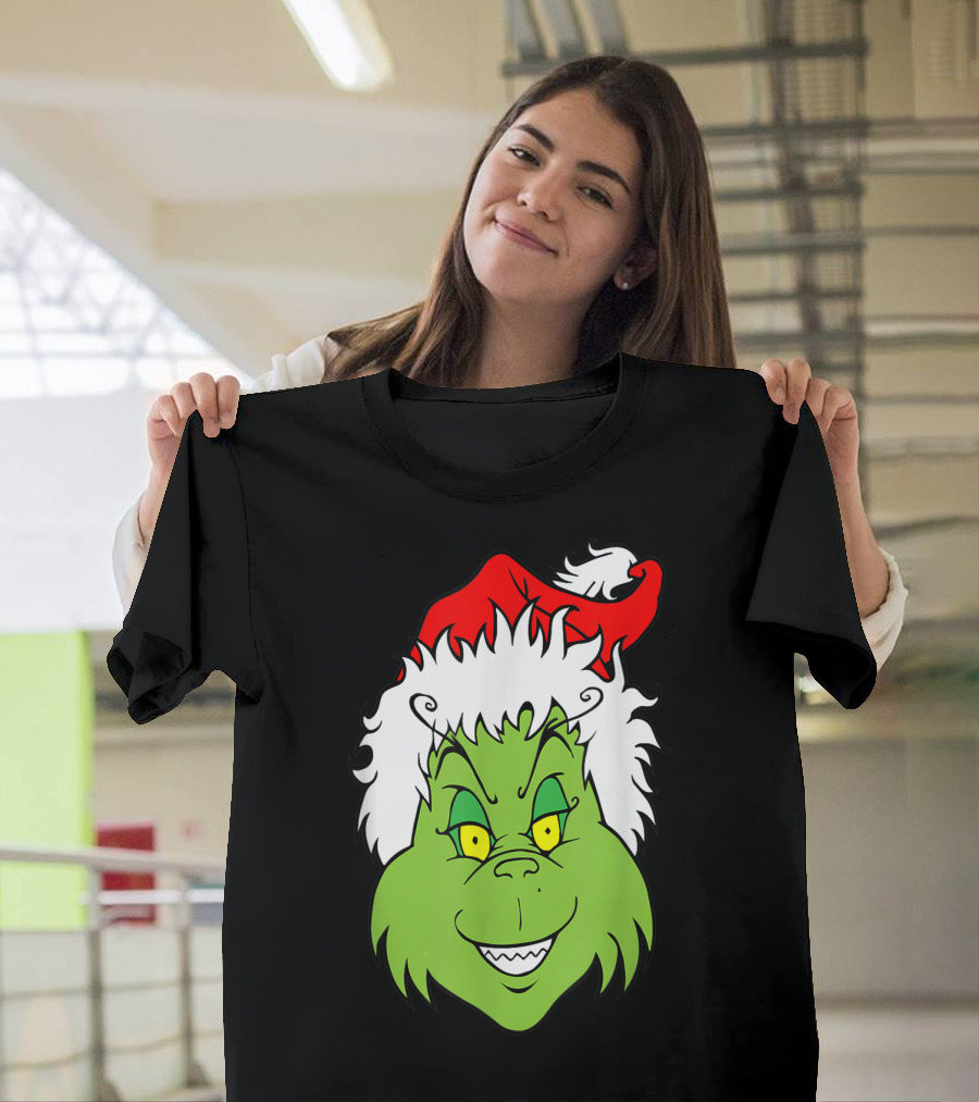 Grinch Christmas Face Santa Hat Smile T-Shirt