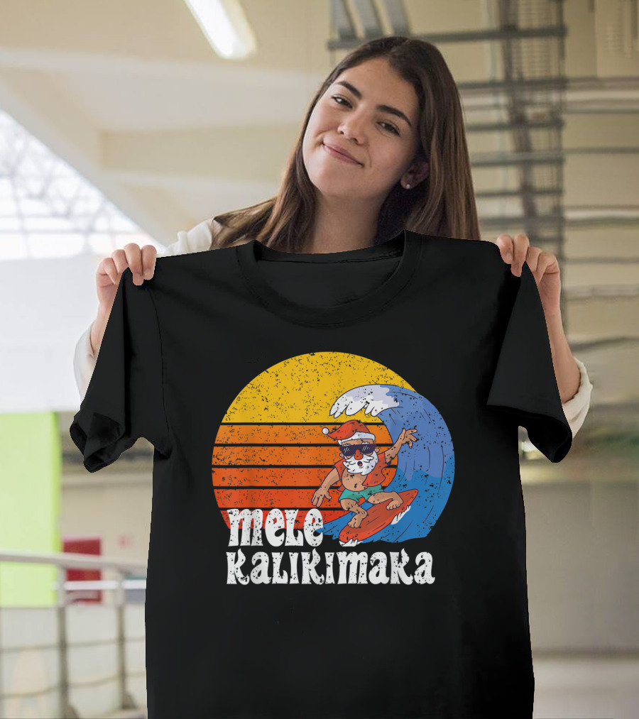 Mele Kalikimaka Surfing Santa Sunset Wave T-Shirt