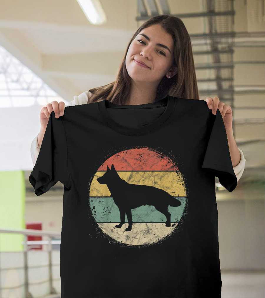 Vintage Circular German Shepherd Silhouette Retro Stripes T-Shirt