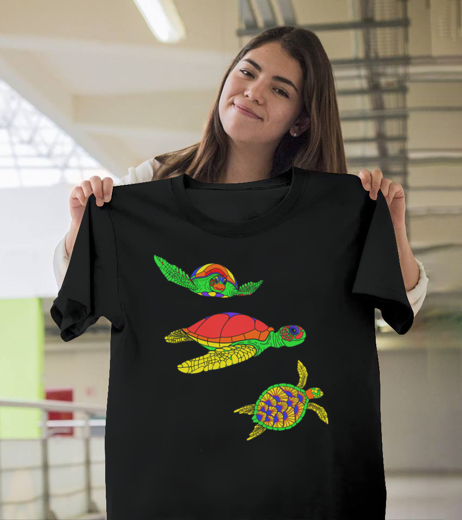 Colorful Swimming Sea Turtle Shell Artful Display T-Shirt