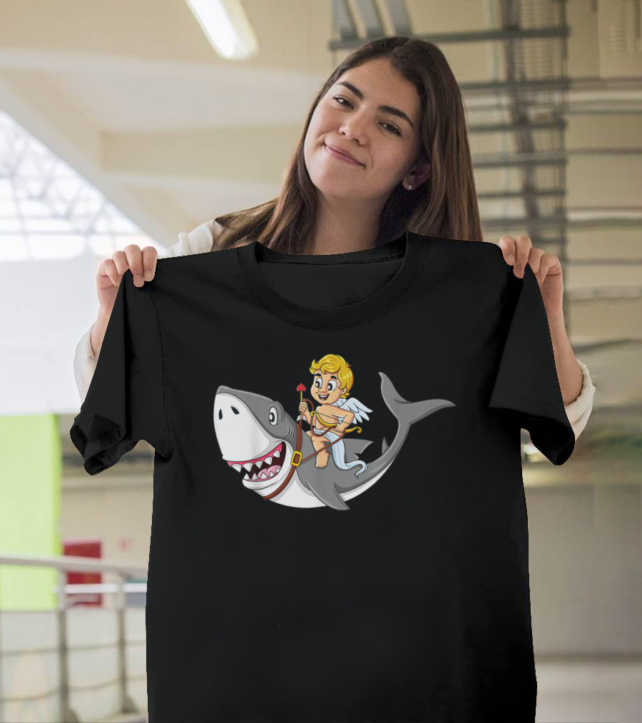 Cupid Riding Shark Valentines Day Iconic Funny Cartoon T-Shirt