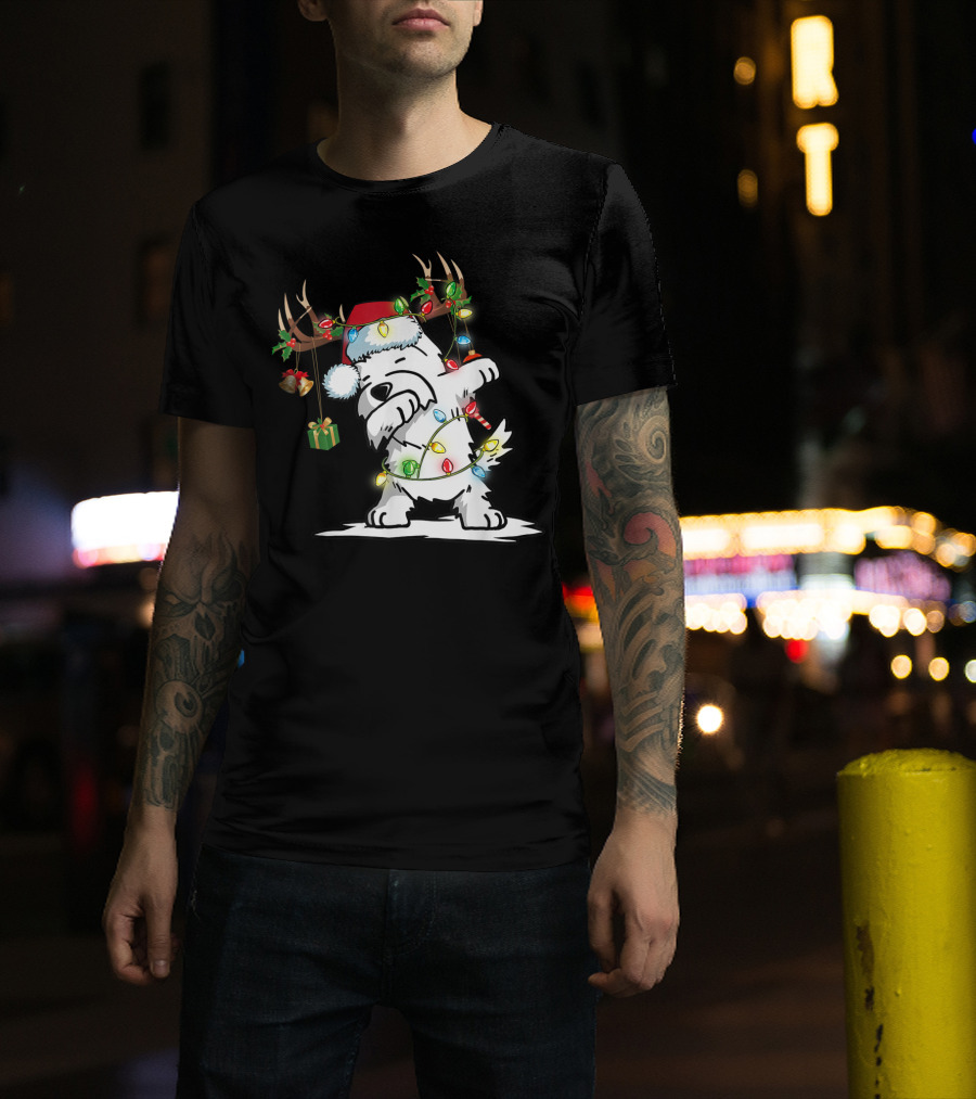 Dabbing Westie Dog Reindeer Lights Santa Hat Christmas Gifts T-Shirt