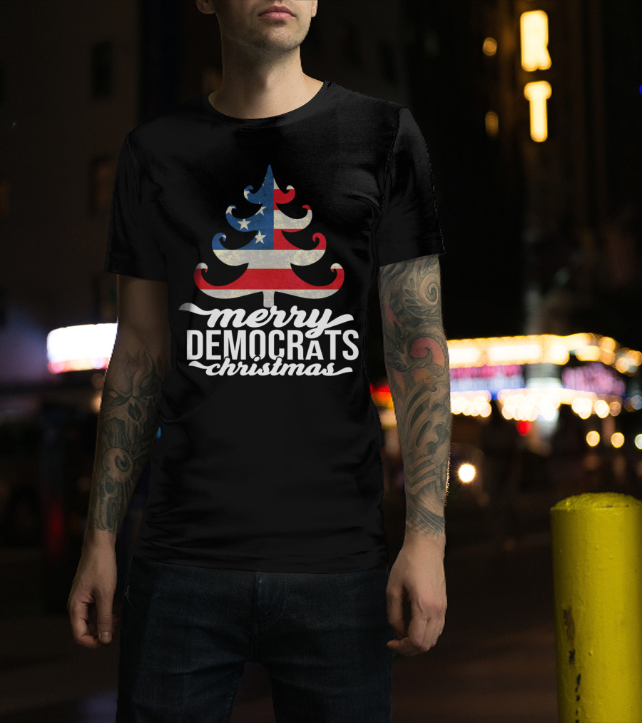 Merry Christmas Democrats Patriotic Tree USA Flag Stars T-Shirt