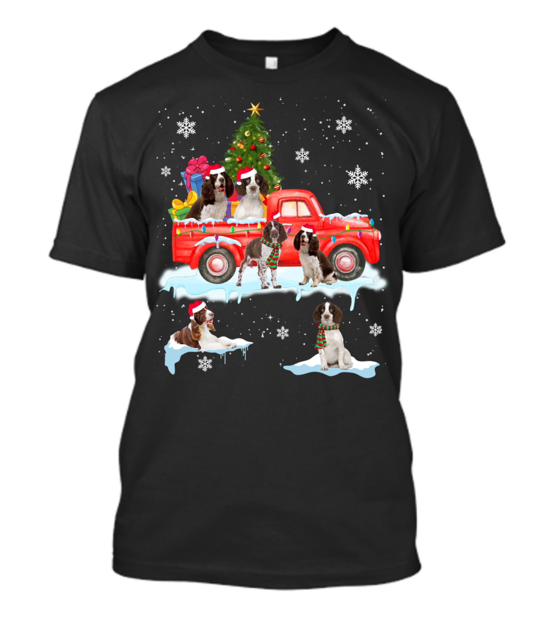 English Springer Spaniel Christmas Scene With Santa Hats On Red Truck And Snowflakes T-Shirt