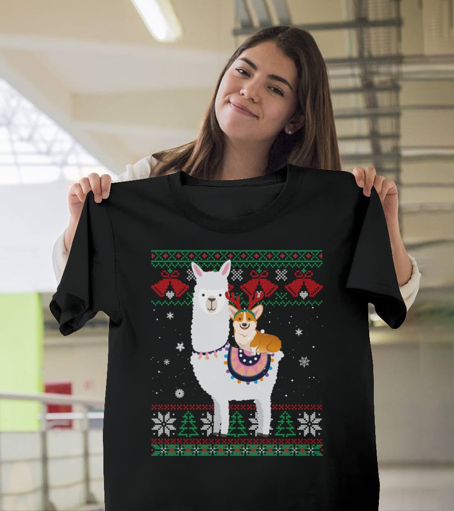 Christmas Corgi Riding Llama With Snowflakes And Reindeer Antlers T-Shirt