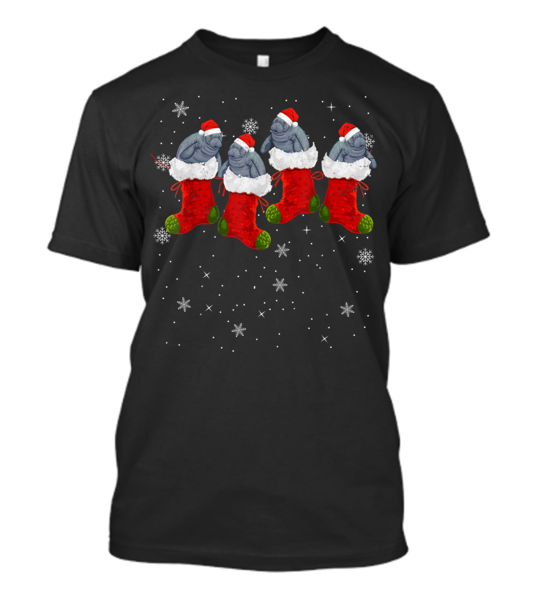 Santa Hat Manatees In Christmas Stockings With Snowflakes T-Shirt