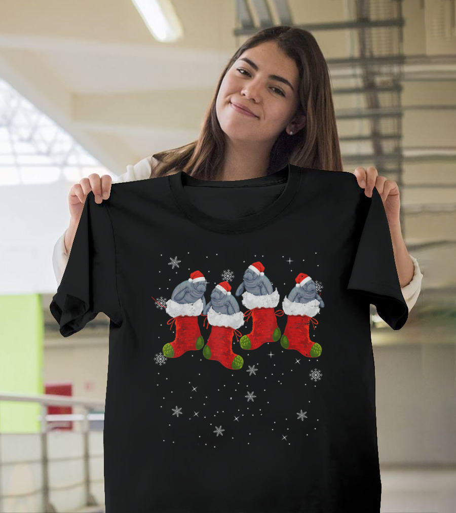 Santa Hat Manatees In Christmas Stockings With Snowflakes T-Shirt