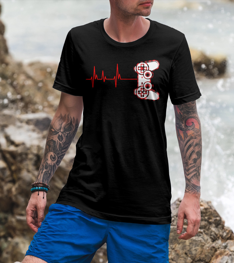 Heartbeat Red Buffalo Plaid Gamer Video Game Controller T-Shirt
