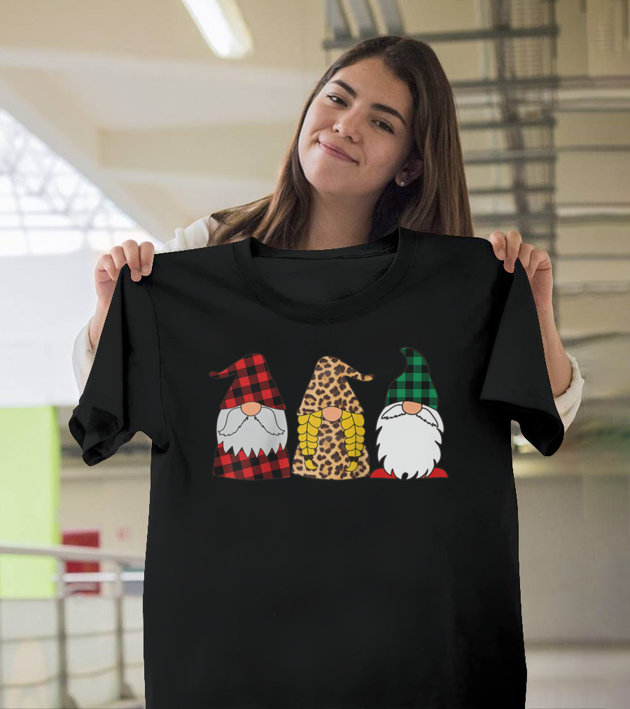 Gnomes Red Plaid Leopard Print Green Plaid T-Shirt